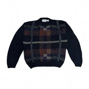 Vintage Le Tigre Chunky Knit Sweater 90s Plaid Leather Trim Size L Grunge Retro